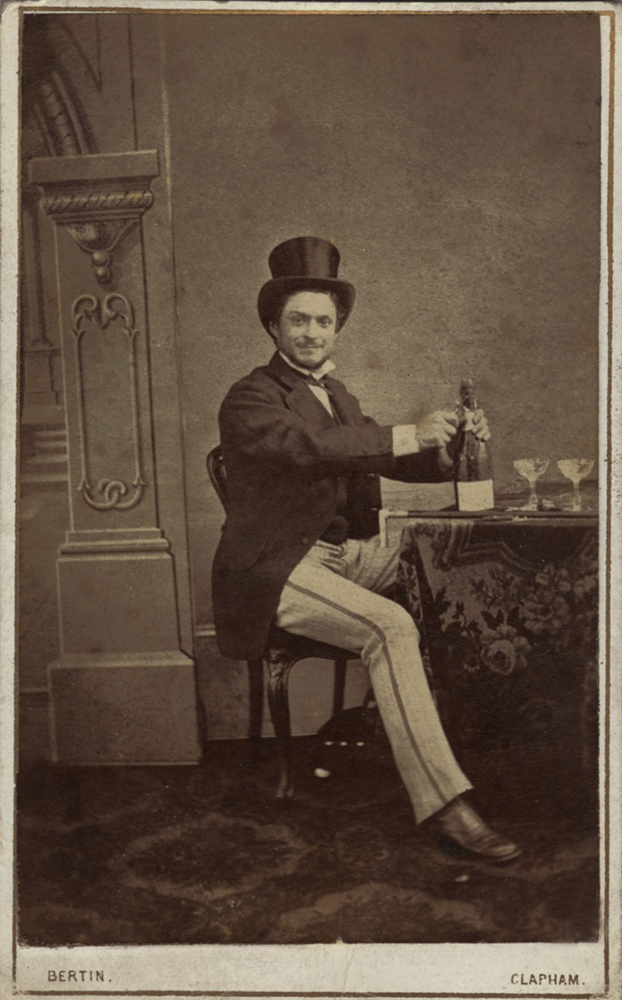 Louis Bertin - Man with Top Hat Opening a Bottle of Champagne with Glasses and Cane