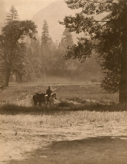 Sigismund Blumann - Yosemite at Dawn.  The Mauve-Shirted Cowboy Comes with His Horses